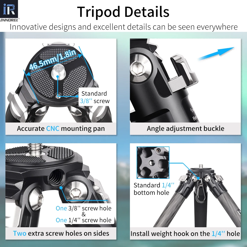 INNOREL KT254C 10 Layer Carbon Fiber Tripod Professional Portable Compact Camera Stand Support with Short Center Column for DSLR - Image 4