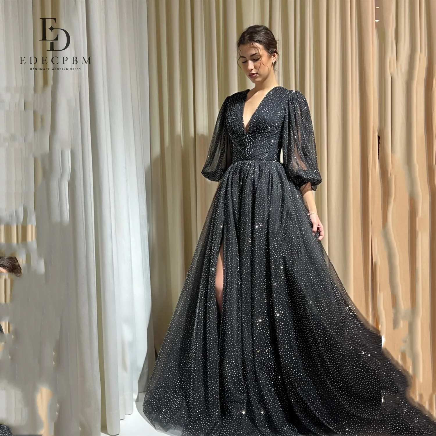 

EDECPBM Black Luxurious Women's Evening Dresses for Special Occasions Customized Puff Sleeves Elegant Party Dresses A-line Shiny