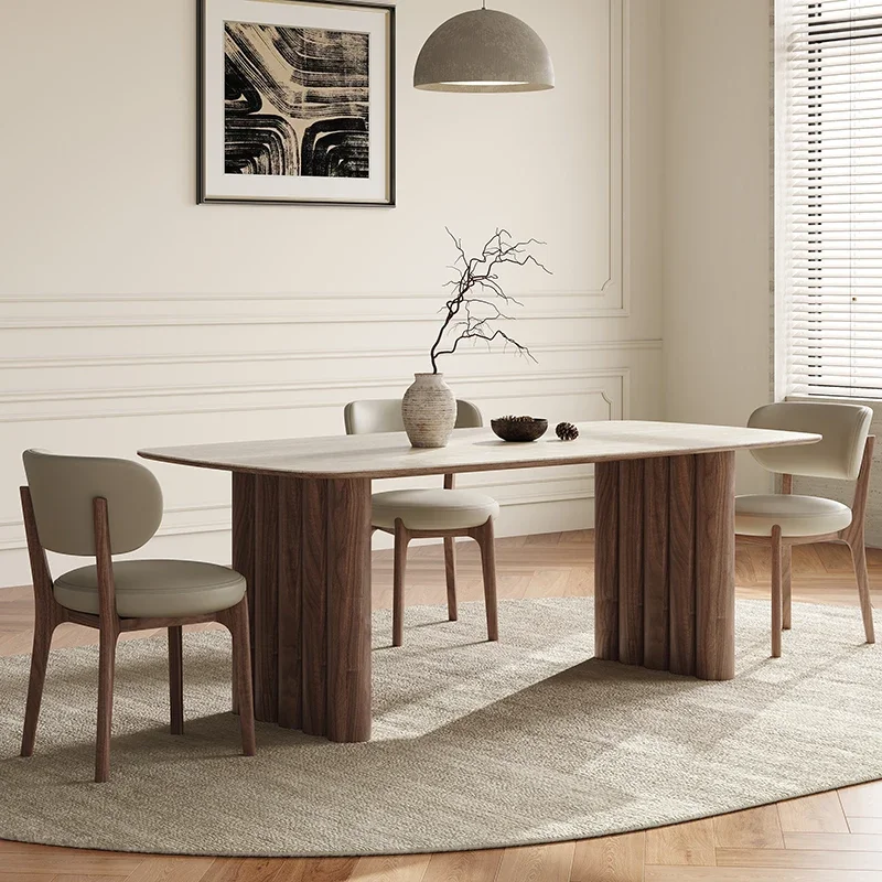 PurelyFeel Medieval Solid Wood Dining Table and Chair Small Household Designer Walnut Wood Color Rectangular Rock Board Table