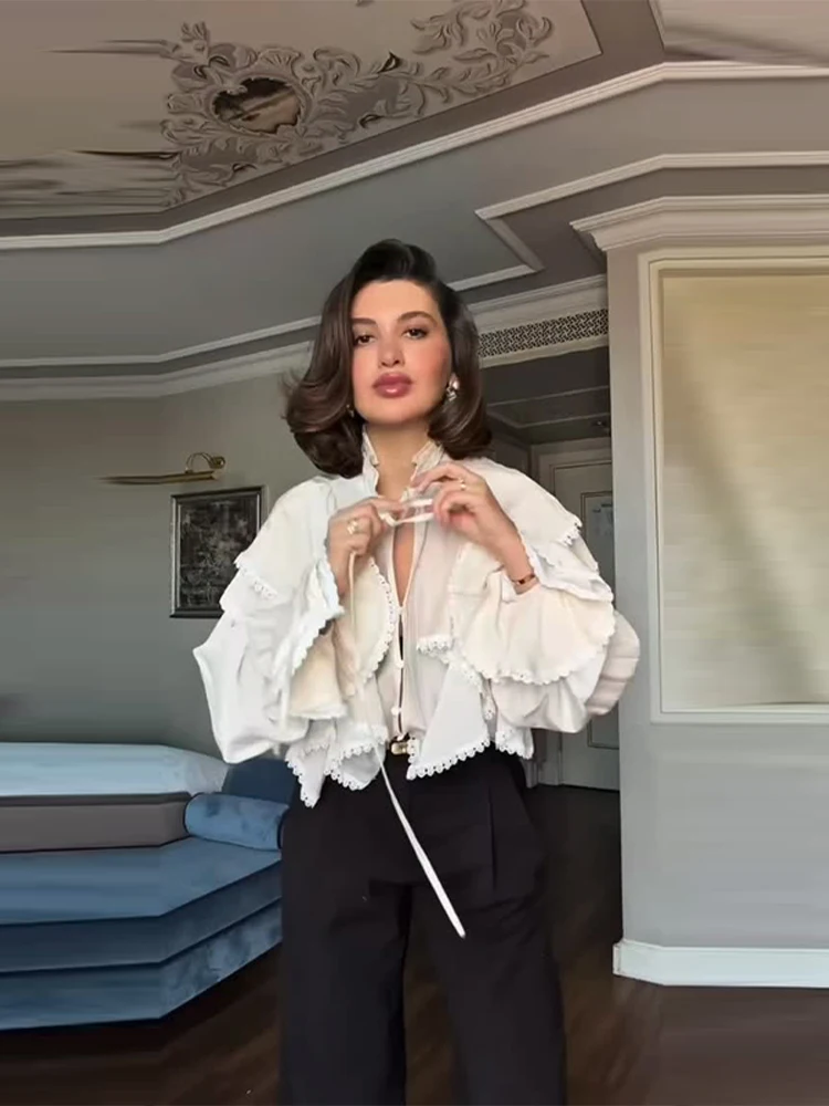 Spitzen-Patchwork-Rüschenhemd mit Schnürung und Knöpfen für Damen, sexy, ausgestellte, lange Ärmel, einreihig, lockere Bluse, schicke Damen-Partykleidung – Detail 3