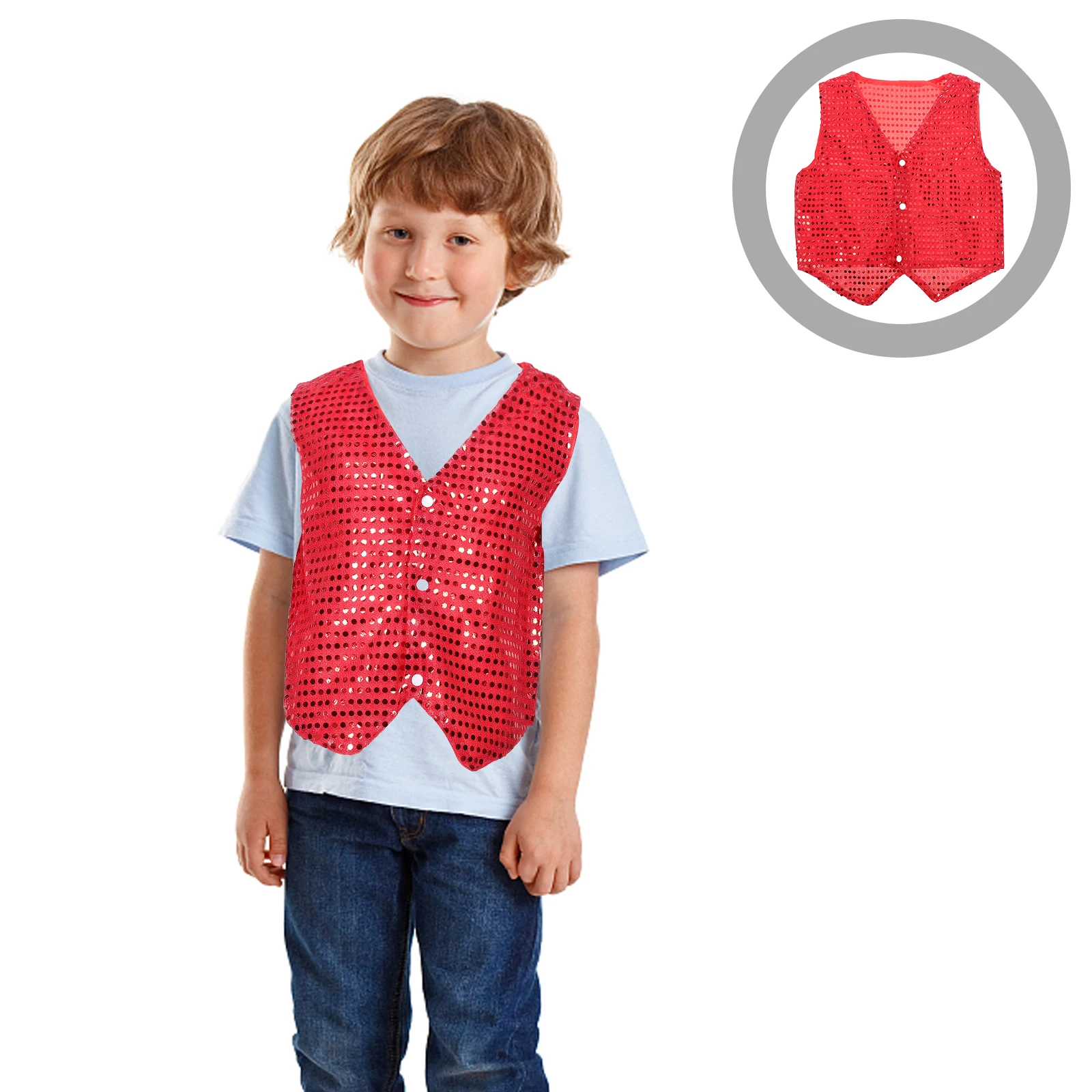 Kids Sequin Vest Red 140cm Hip Hop Dance Performance Jazz Party Shiny Glitter Jacket Boys Girls Stage Costume Tops