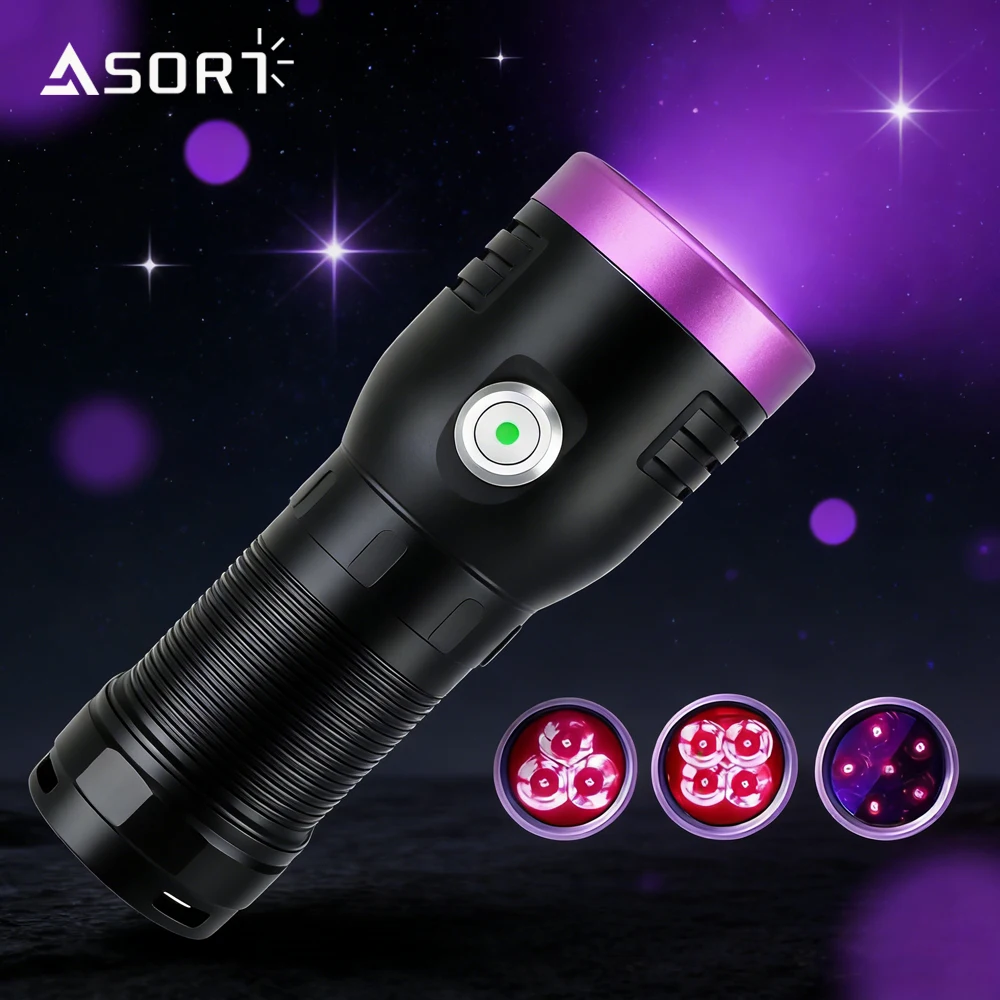 Powerful 365NM UV Flashlight Black Mirror Purple Light Detection Torch USB Rechargeable Lantern Ultraviolet Lamp Identification