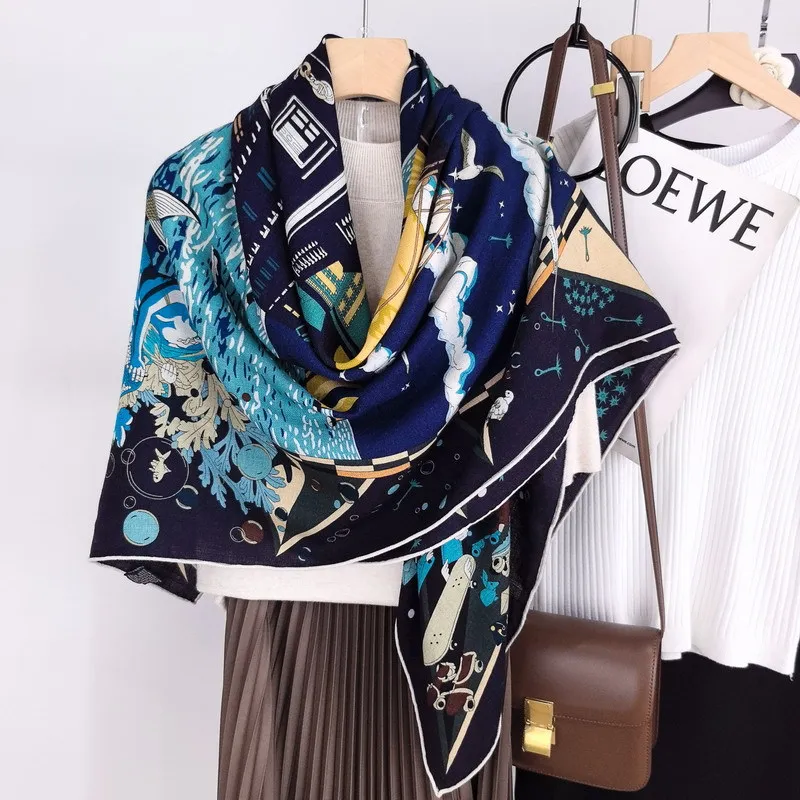 Luxury Winter Soft Scarf Square Wool Silk Shawls Hand Rolled Edge Scarves Women Giant Scarves Bag Neck Accessories