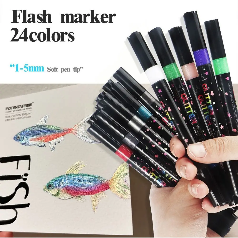 

12/24 шт., блестящий флэш-маркер, мягкий наконечник, двойной наконечник, двойной цвет, блестящая флуоресцентная ручка, цветные маркеры, подарок