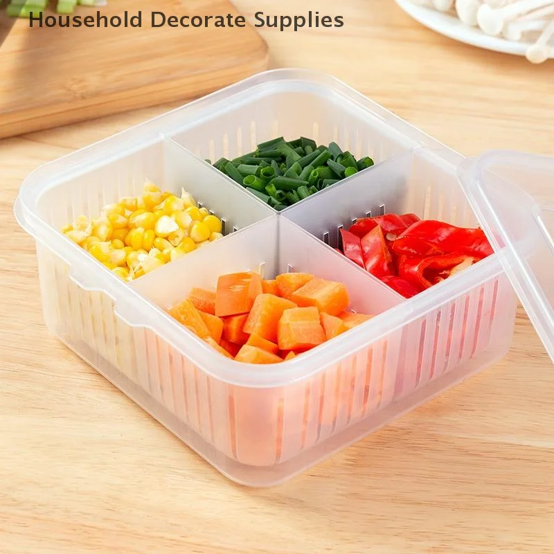 Refrigerator Storage Box 4 Grid Food Vegetable Fruit Storage Box Fridge Organizer Drain Basket Meat Onion Ginger Clear Crisper