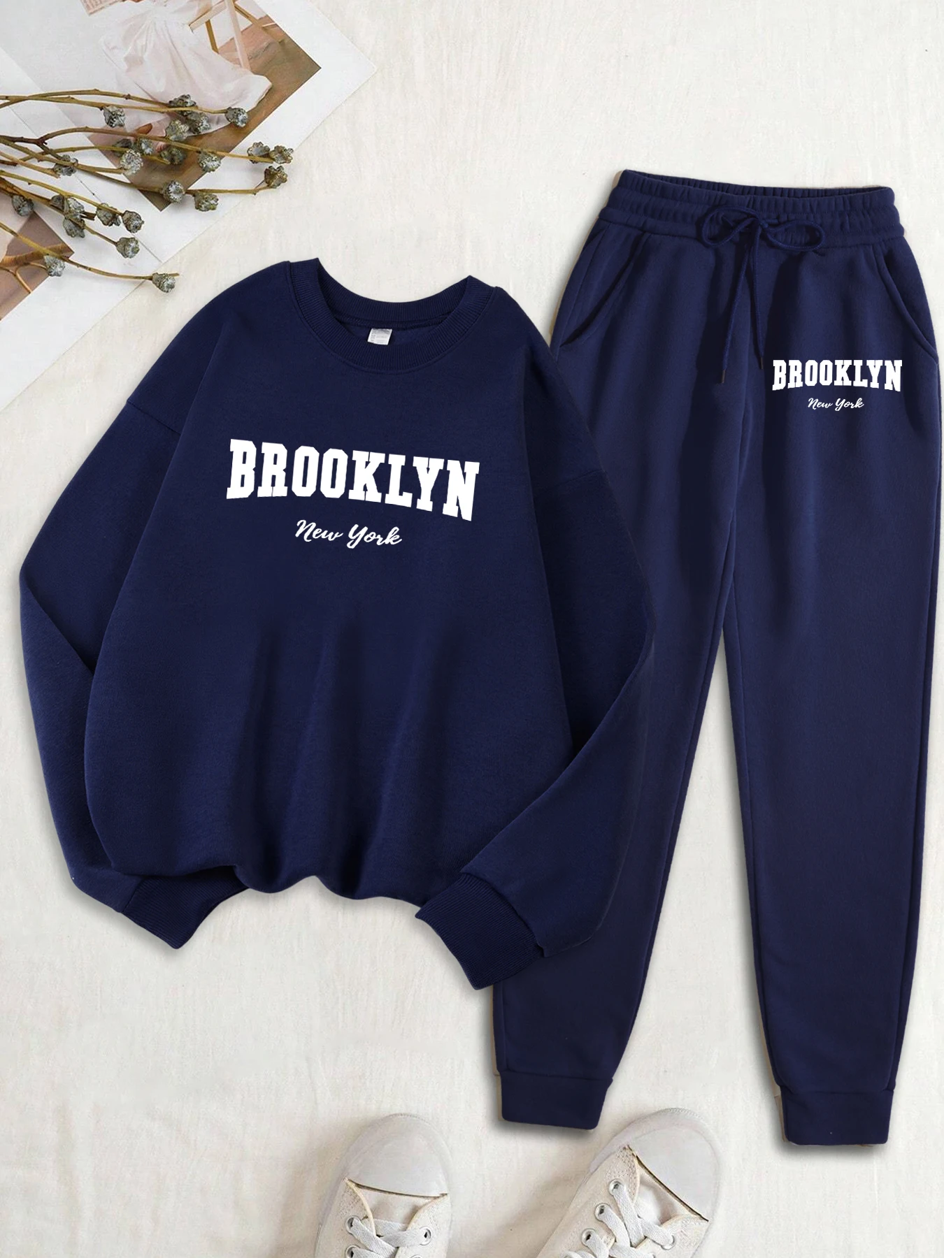 Brooklun New York Lettera Stampa Felpa da donna Set Autunno Vestiti in pile Set da 2 pezzi O-Collo Tuta casual Pantaloni da jogging di moda