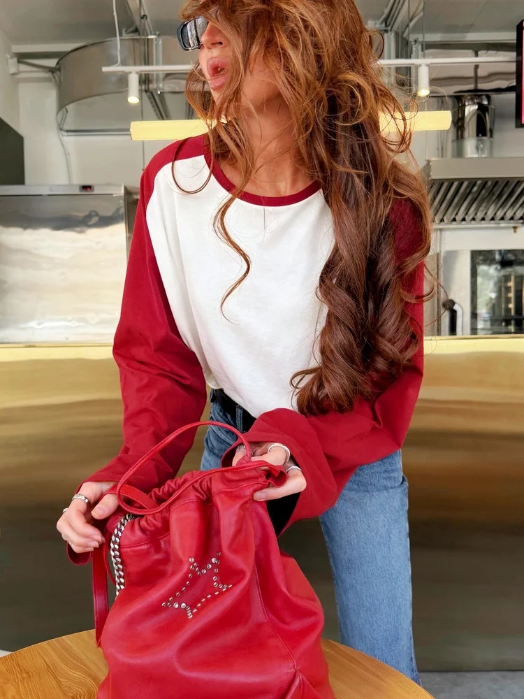 Tossy Color Block Raglan Sleeve T-shirt Long Sleeve Crew Neck Loose Fit Bell Cuff Casual Streetwear Stretchy Women Fall T-shirt