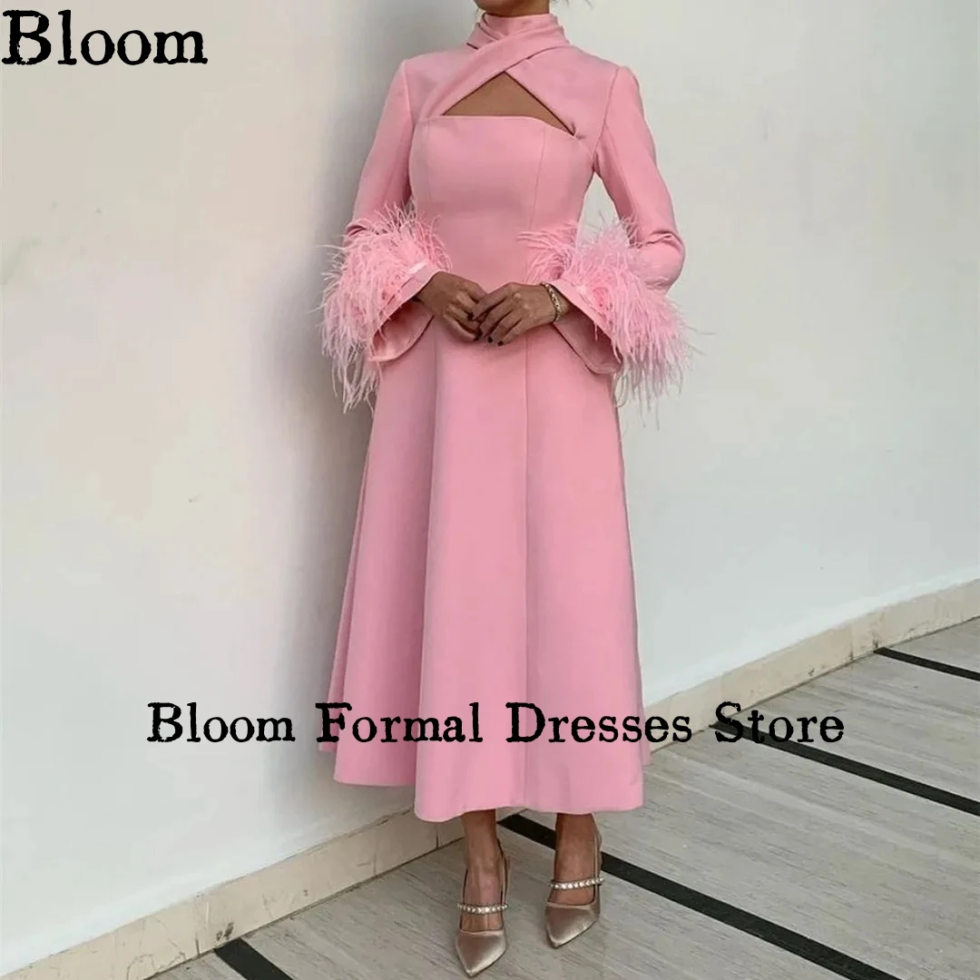 Bloom Pink Crepe Evening Dresses With Feathers Long Sleeves Halter Cut-out Tea Length Simple Party Dresses For Prom Formal Dress