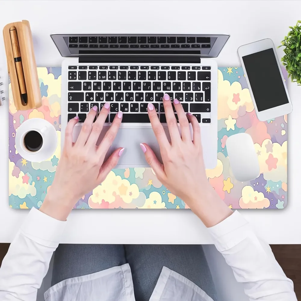 The charming watercolor cloud and star design mouse pad and desktop are equipped with anti-slip rubber backing, making them
