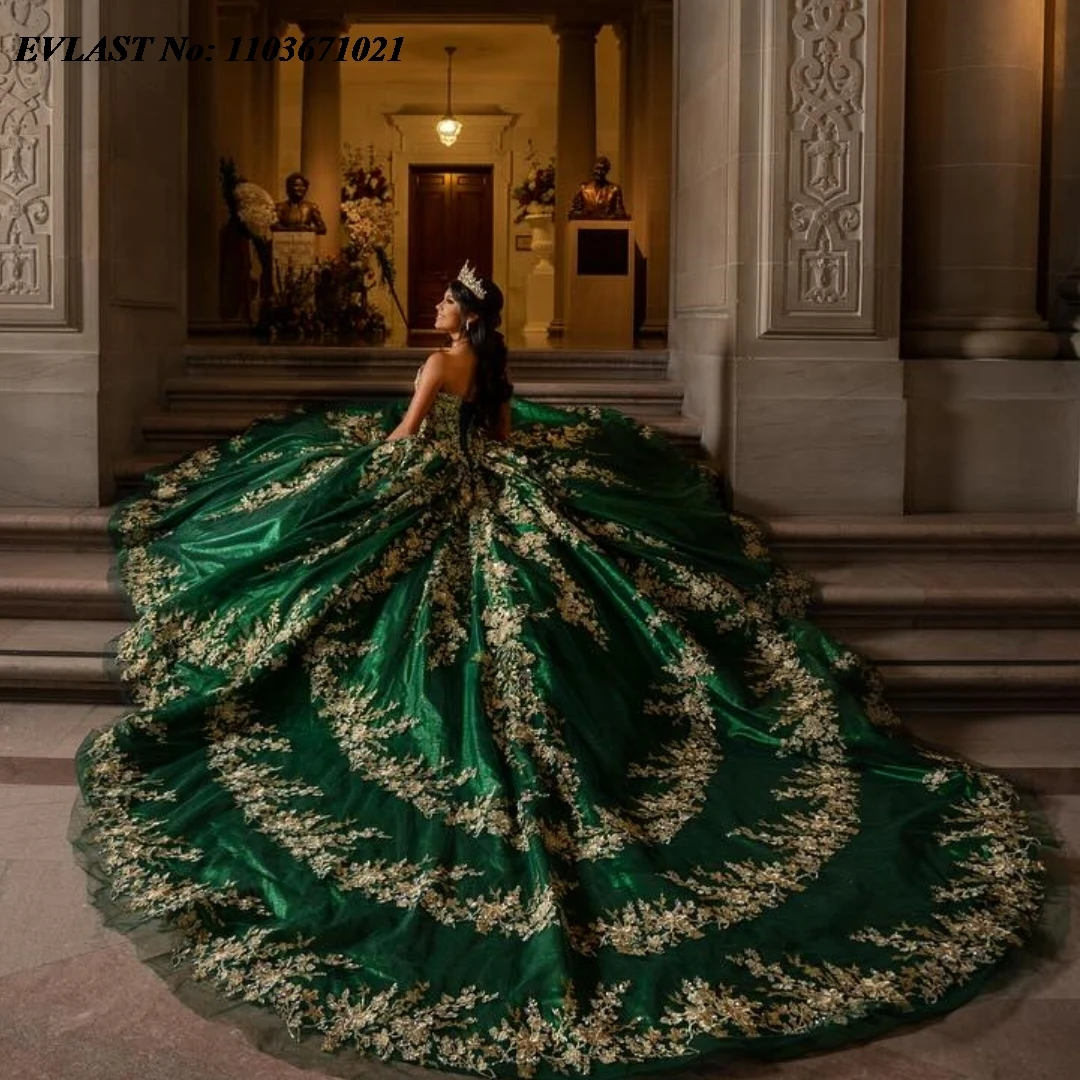 EVLAST Customized Emerald Green Ball Gown Quinceanera Dress Gold Lace Lace Applique Beads Corset Sweet 16 Vestidos De Anos SQ390