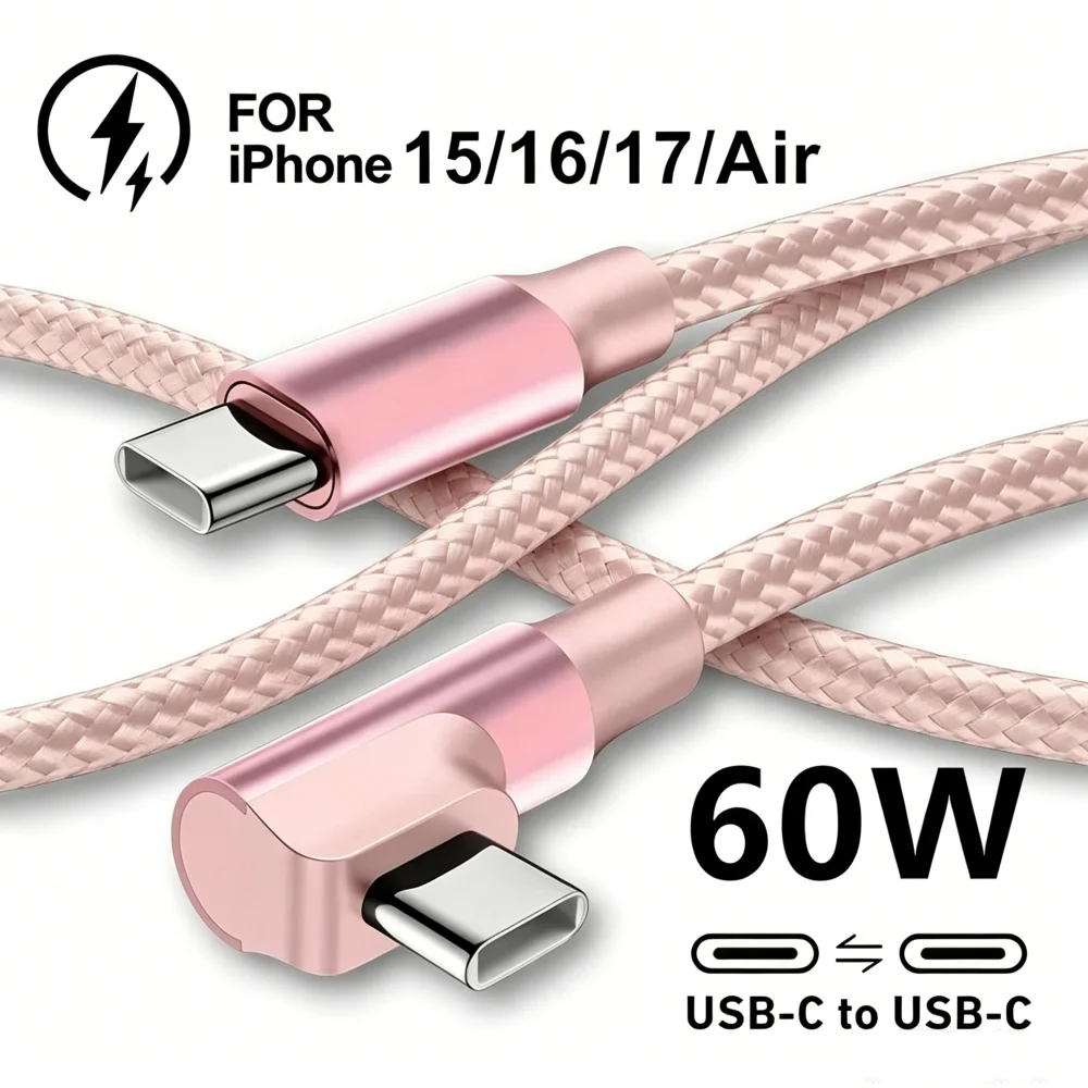 PD 60W 90 Degree Elbow Type C To Type C Fast Charging Cable USB C QC3.0 Data Line for iPhone Samsung Xiaomi Redmi POCO OnePlus