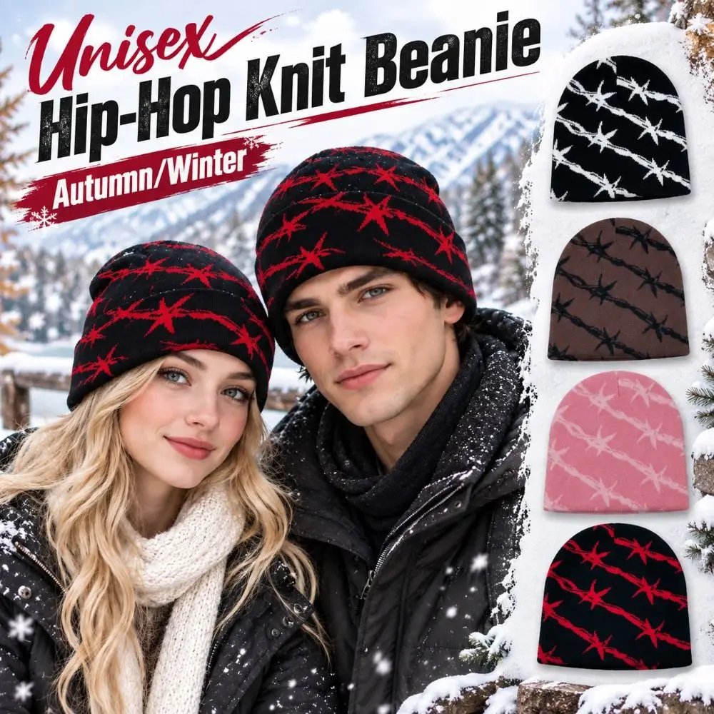 Hip-hop Warm Double Layer Knit Beanie Star Pattern Thickened Winter Skull Cap Stretchy Breathable Knitted Hat Outdoor