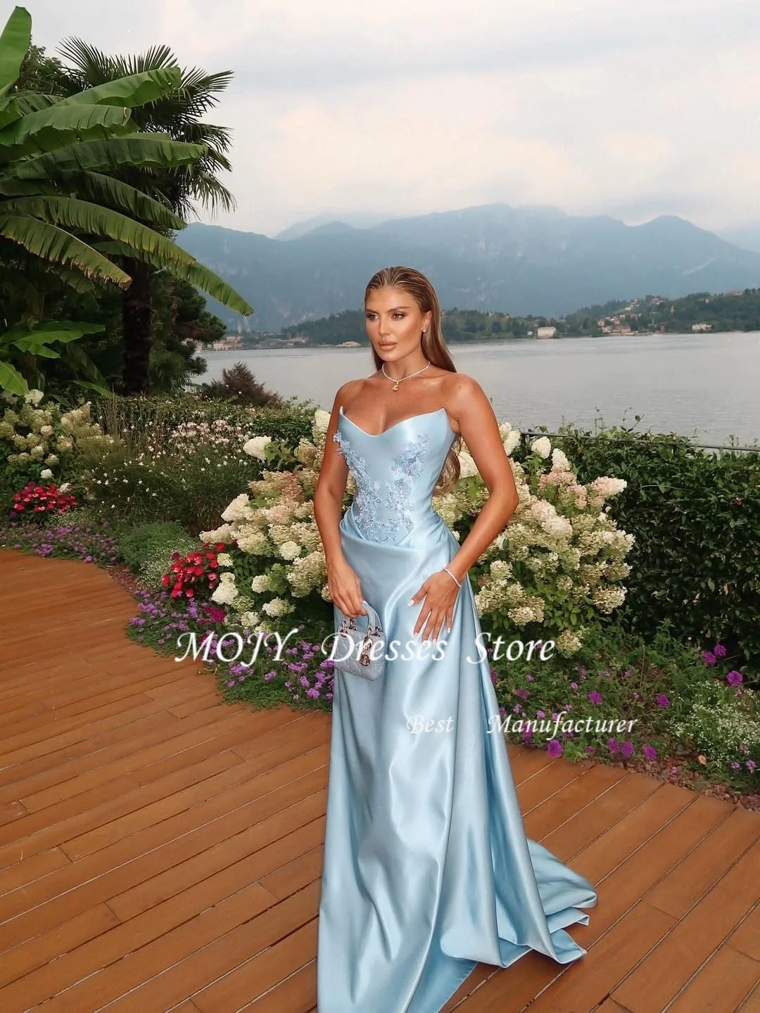 Mojy Strapless Sleeveless Prom Dresses Sequins Beadings Dubai Evening Dresses Pearls Special Occasion Dresses Customized