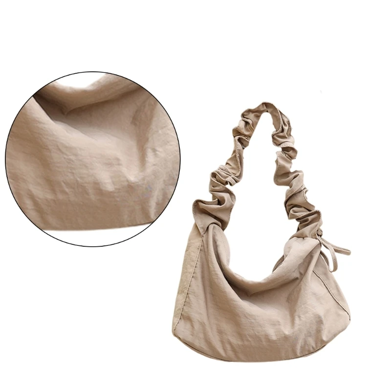 E74B Women Casual Solid Nylon Shoulder Handbag Adjustable Strap Fashion Pleated Drawstrings Crossbody Bag Underarm Purse