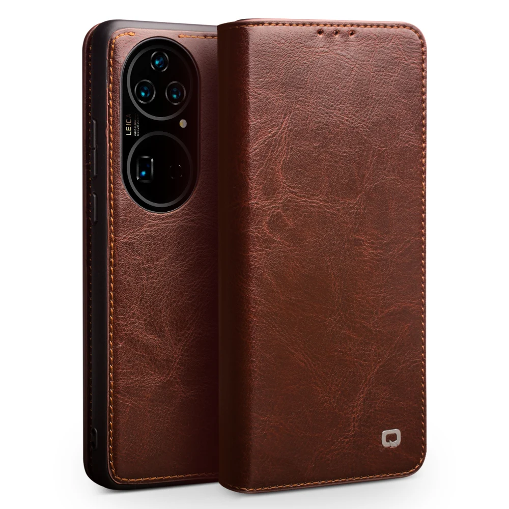 QIALINO Étui portefeuille en cuir de vachette véritable résistant aux chutes pour Huawei P50 - Marron