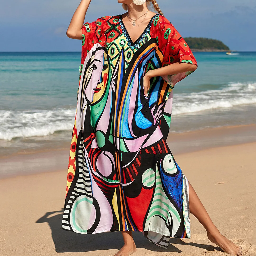 2026 Neues Buntes Kaftan-Tunika Strandkleid Strandmode Strandüberwurf Locker Sitzendes Maxikleid für Damen V4428 – Detail 14