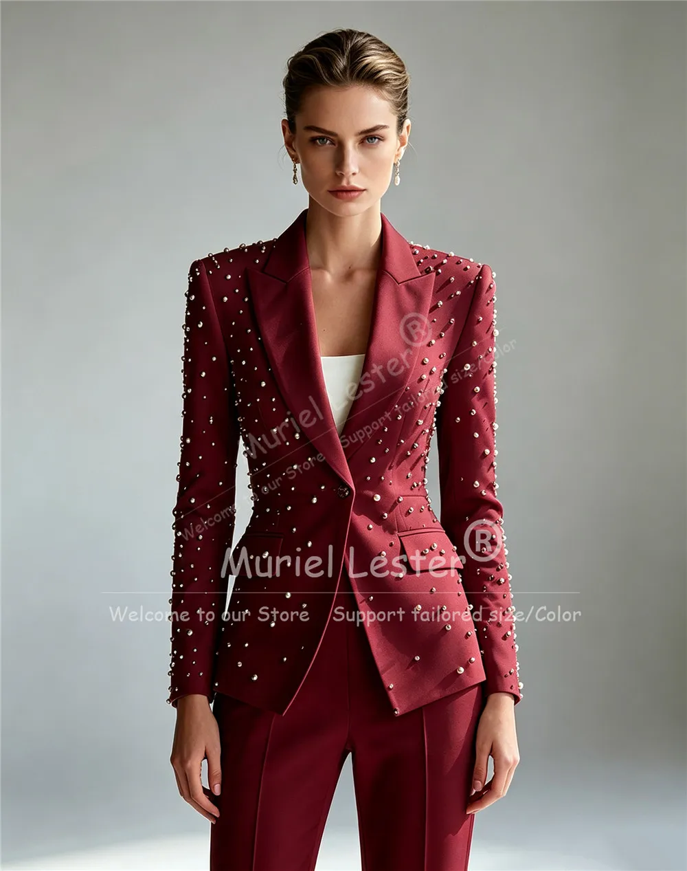 Elegant Pearls Beading Suits Women 2 Piece Sets Single Breasted Jacket Pants Customized Prom Blazer Lady Business Party Clothing view 2