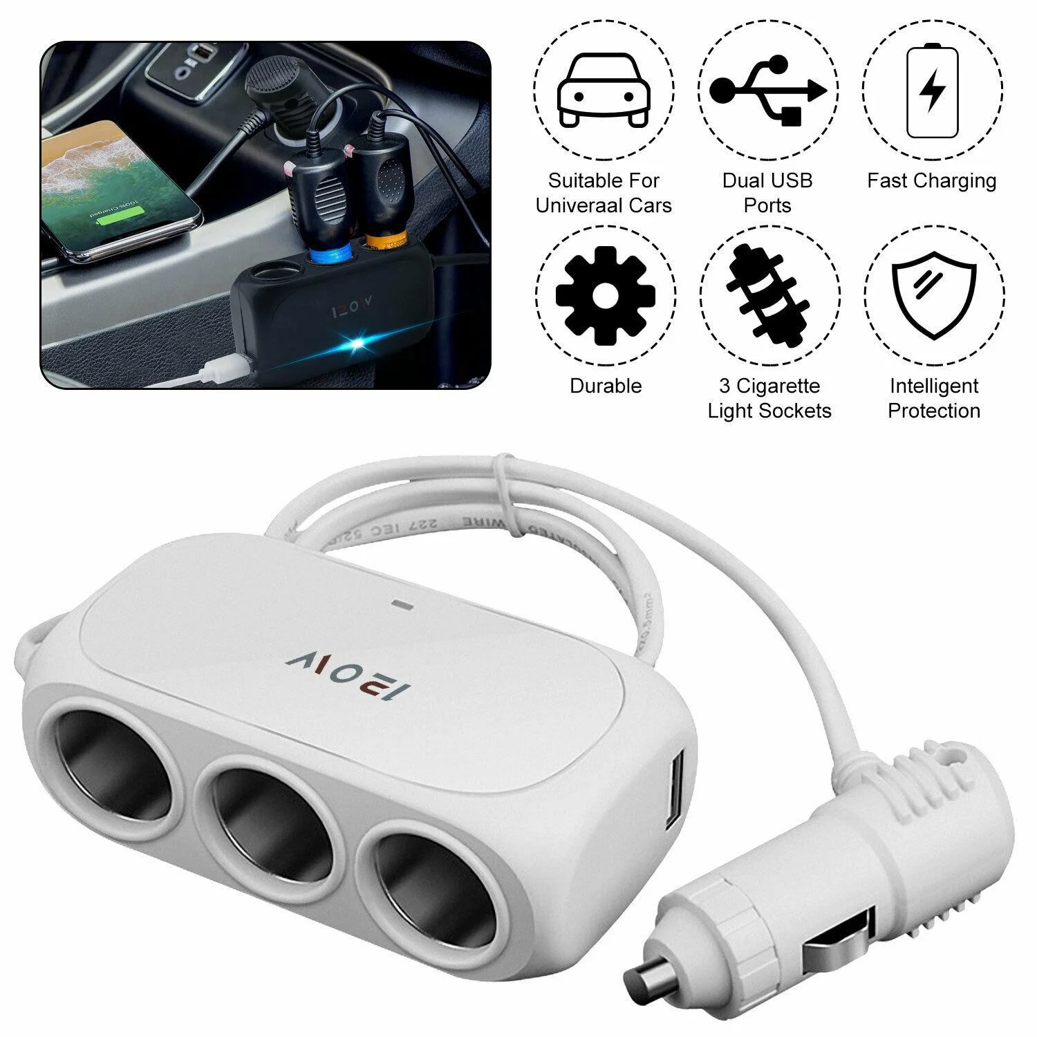 

Universal Car Cigarette Lighter Socket Splitter LED Dual USB Charger Power Adapter DC 12V-24V For Mobile Phone PC Ipad