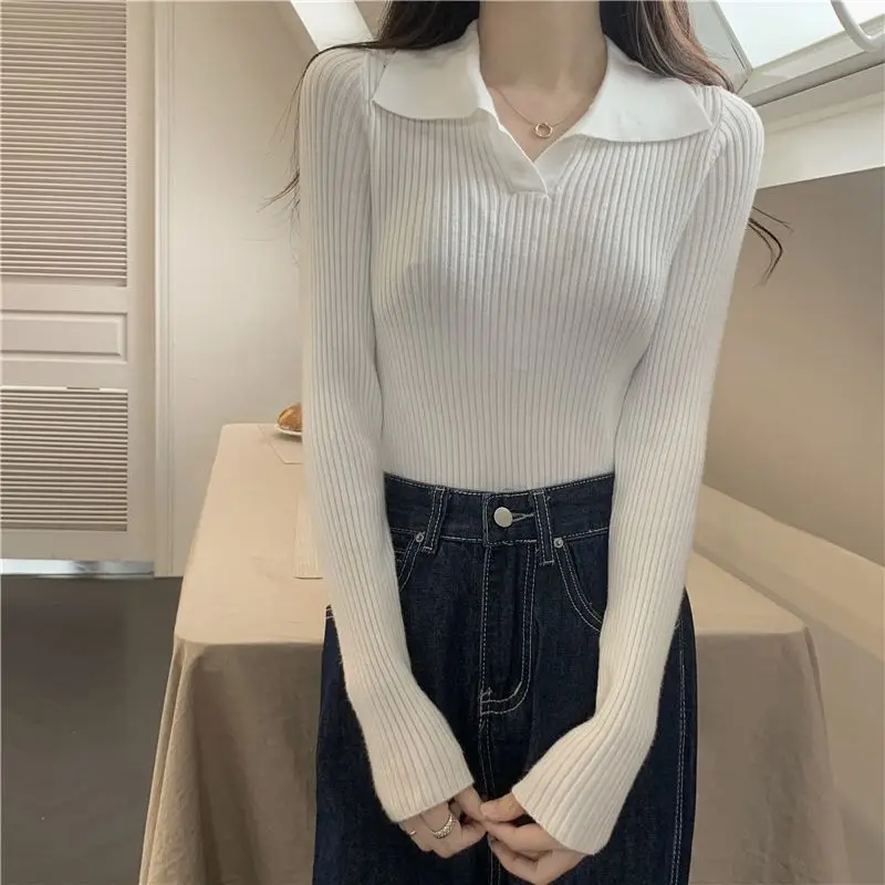 Autumn Winter Women Lapel Pullover Sweaters Basic Long Sleeve Knitted Sweater for Woman Solid Color Jersey Tops Clothes Mujer