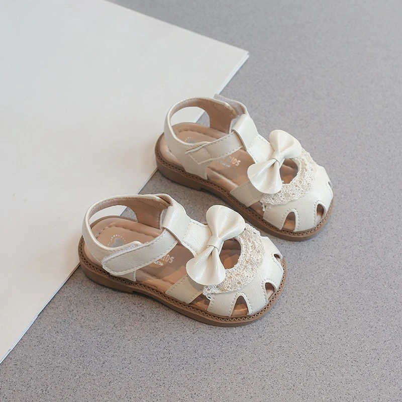 Girls Sweet Princess Sandals Large Bowknot & Lace Trim Closed Toe Soft Sole Summer Party Shoes Non-Slip