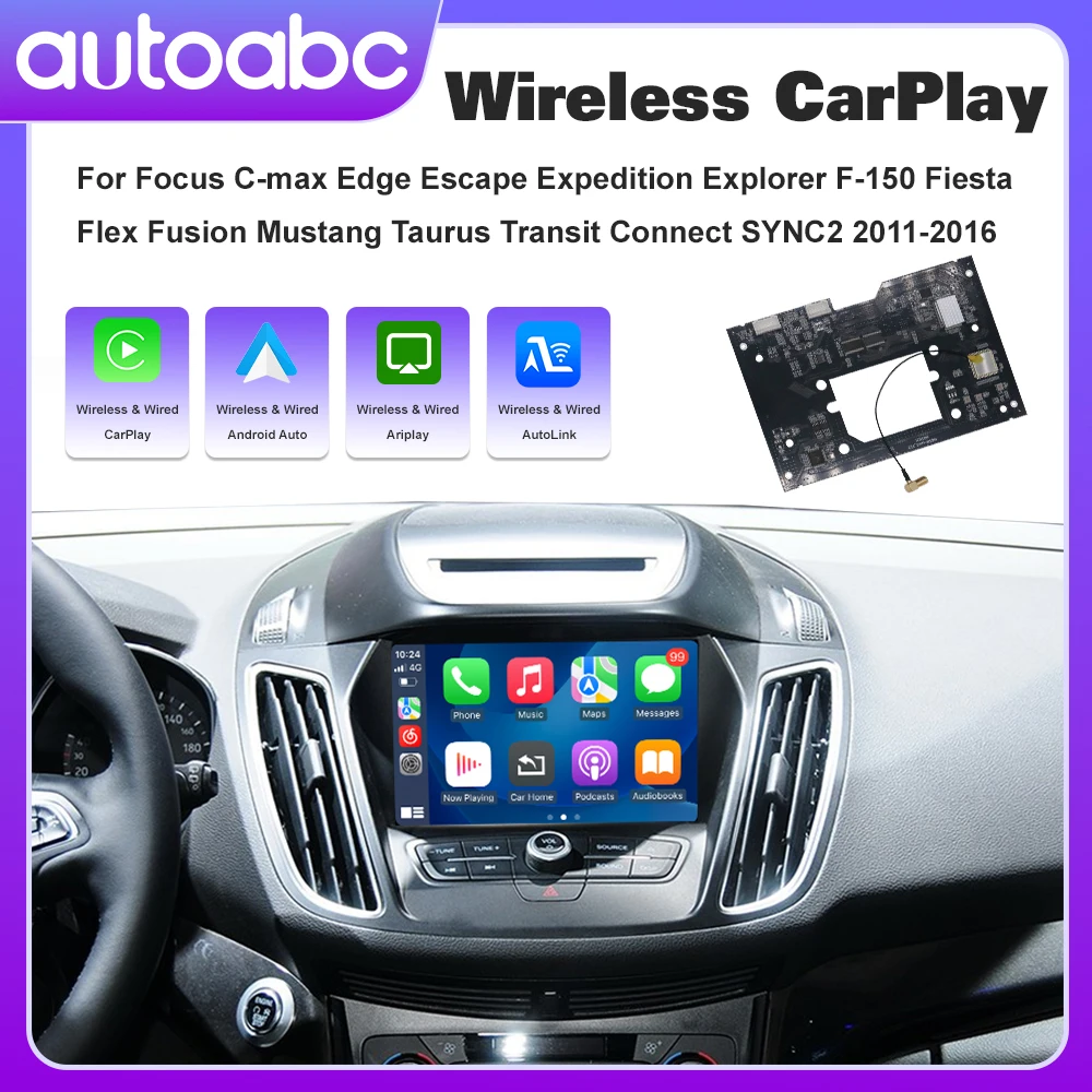 AUTOABC Kabelloses CarPlay für Ford Sync2 2011-2016 Explorer Focus Fiesta C-Max Edge F150 Fusion Taurus mit Android Auto AirPlay