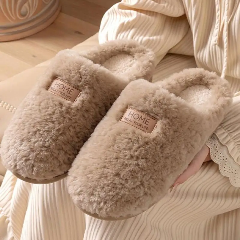 Women Fleece-lined Soft Sole House Slippers Comfortable Short Plush Bedroom Slippers Women Light Weight Non Slip Slides Shoes