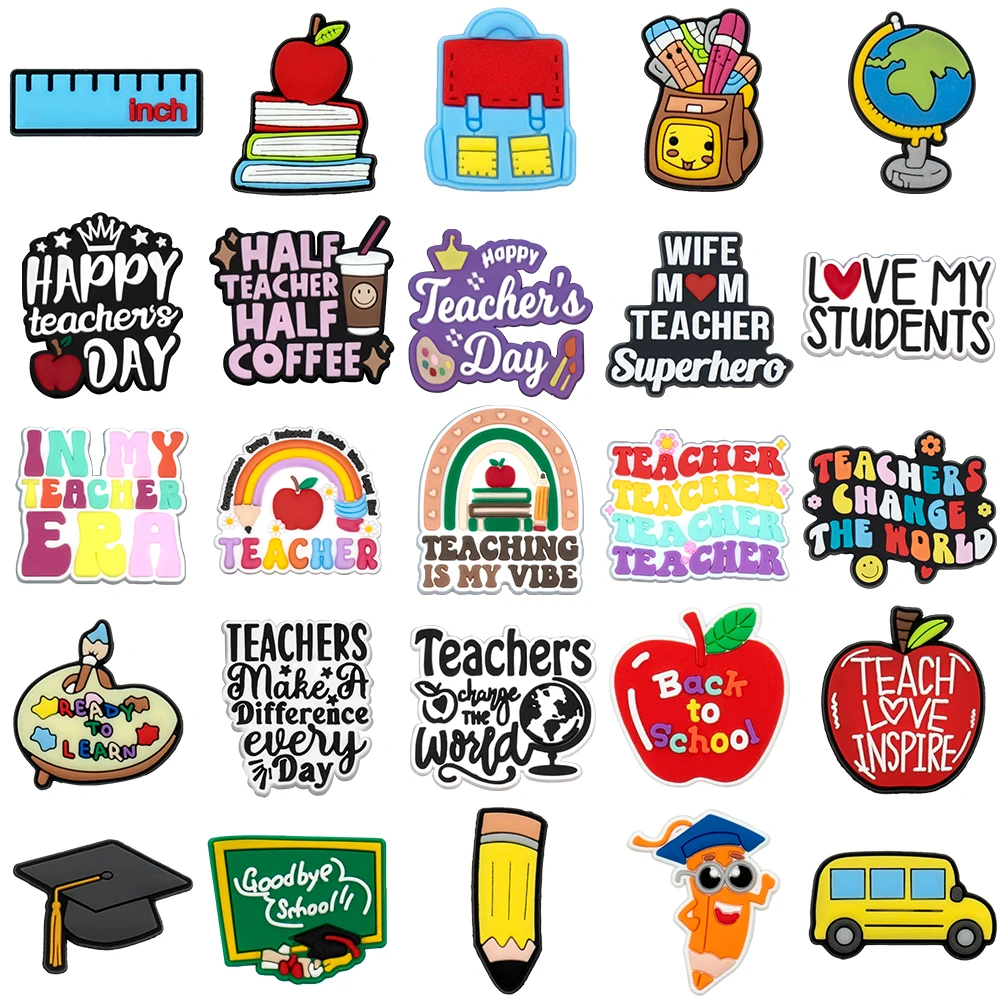 1/25PCS Teacher's Day Series Schuhanhänger Lineal Apfel Bleistift Globus Schuhdekorationen für Clog Pins Zubehör passend für Weihnachtsgeschenke