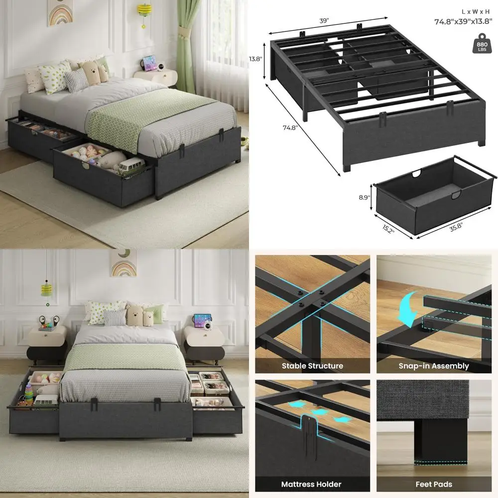 Twin Bed Frame with Storage Drawers, Platform Twin Bed, Metal Slides, Heavy Duty Steel Slats, No Box Spring Needed