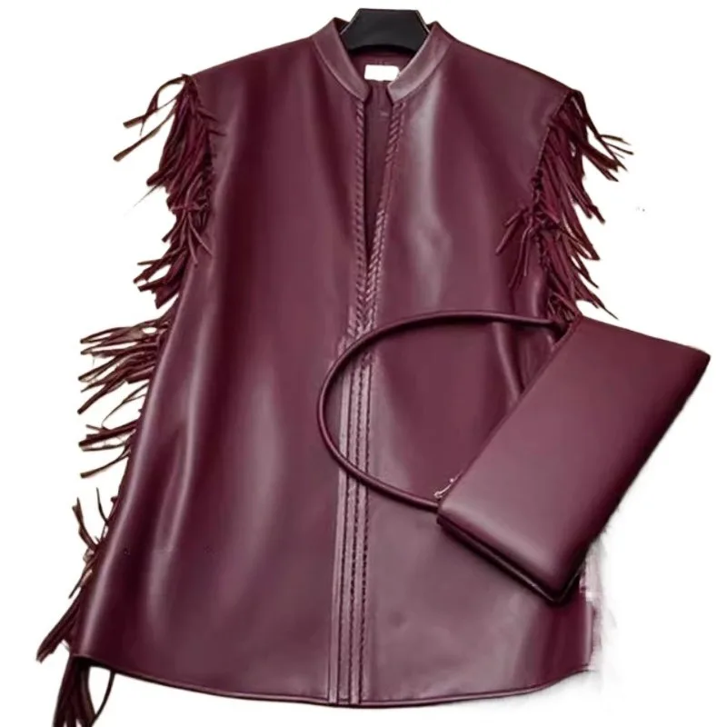 

Maillard Fashion Retro High Sense Ankola Red Fringed Leather Jacket Vest Women High Quality and High Appearance Level Jackets