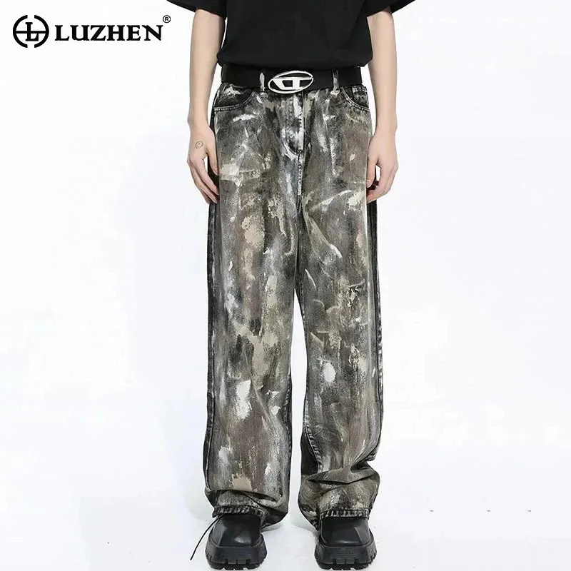 LUZHEN Retro Camouflage Contrast Color Male Street Jeans Men's Denim Straight Pants Personality Stylish Scrawl Wornout LZ6771