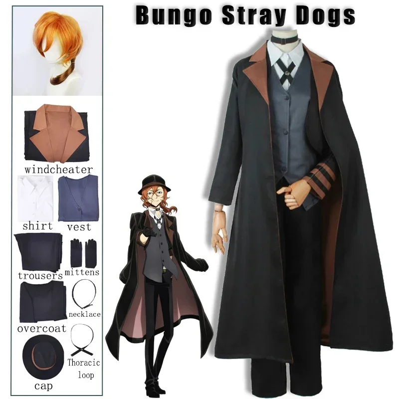 Bungou Stray Dogs Pria Wanita Nakahara Chuuya Kostum Cosplay Topi Wig Celana Jaket Sarung Tangan Perempuan Setelan Pakaian Anime