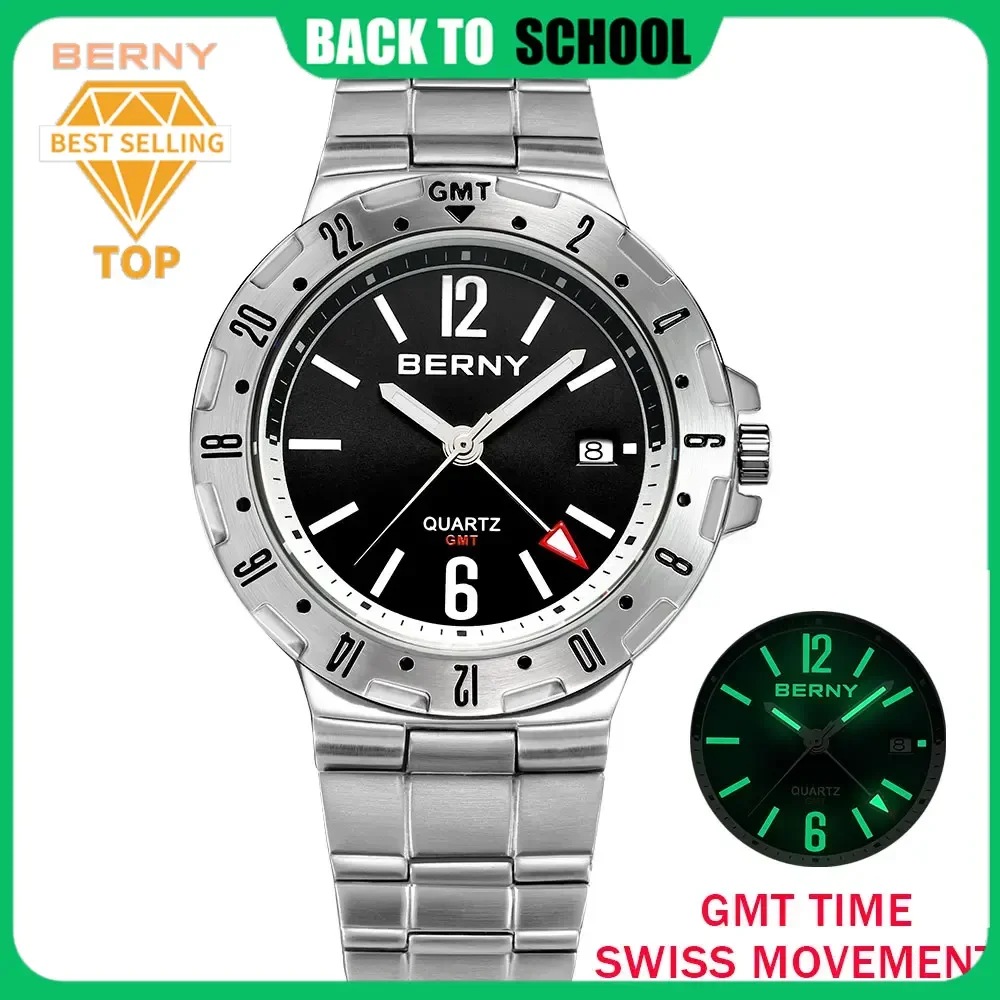 

BERNY GMT Watch for Men Super Luminous Luxury Sports Quartz Wristwatch Waterproof Stainless Steel Military Man Clock SWISS MOVT