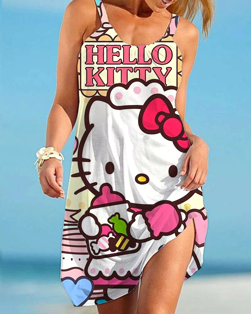 

2024 Summer New Vacation Beach Dress Fashion Women's Summer Sunshine Dress Hello Kitty Traf Elegant Luxury Evening Dress