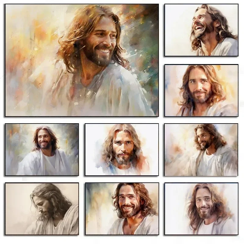 Canvas Painting Wall Art Pictures Retro Watercolor Laughing Jesus Christ's Religious Poster and Prints Home Decor Gift