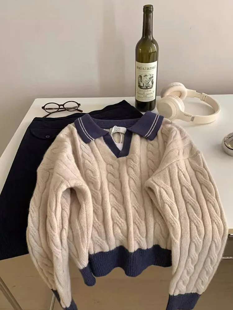 

Anti-Aging College Sle Knitted Sweater Twist Design Casual Loose Long Sve Color Blo Design Comfortable Autumn Top