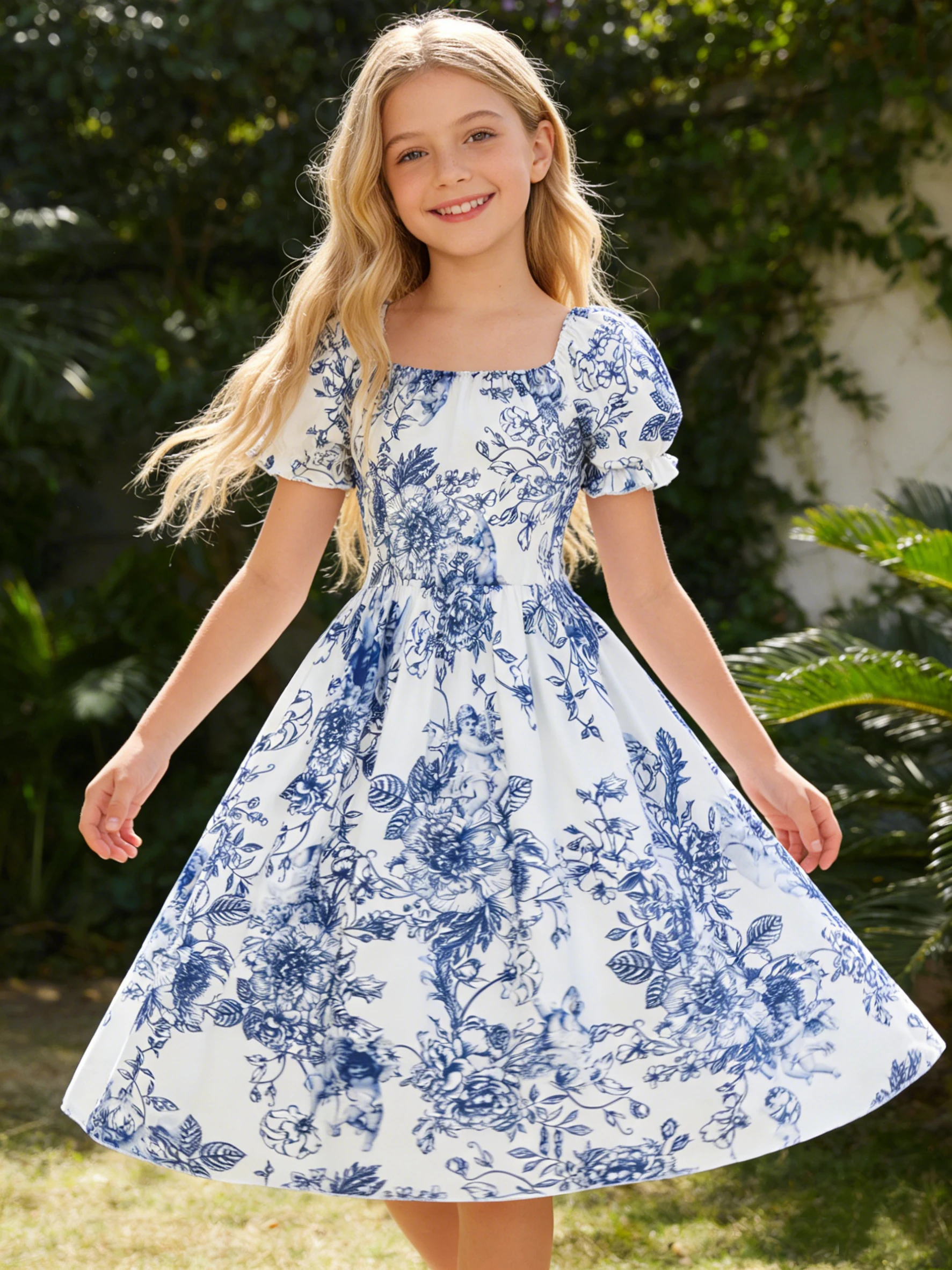 Girls' bubble short-sleeved dress, elegant and fashionable floral dress for summer outdoor leisure activities and parties