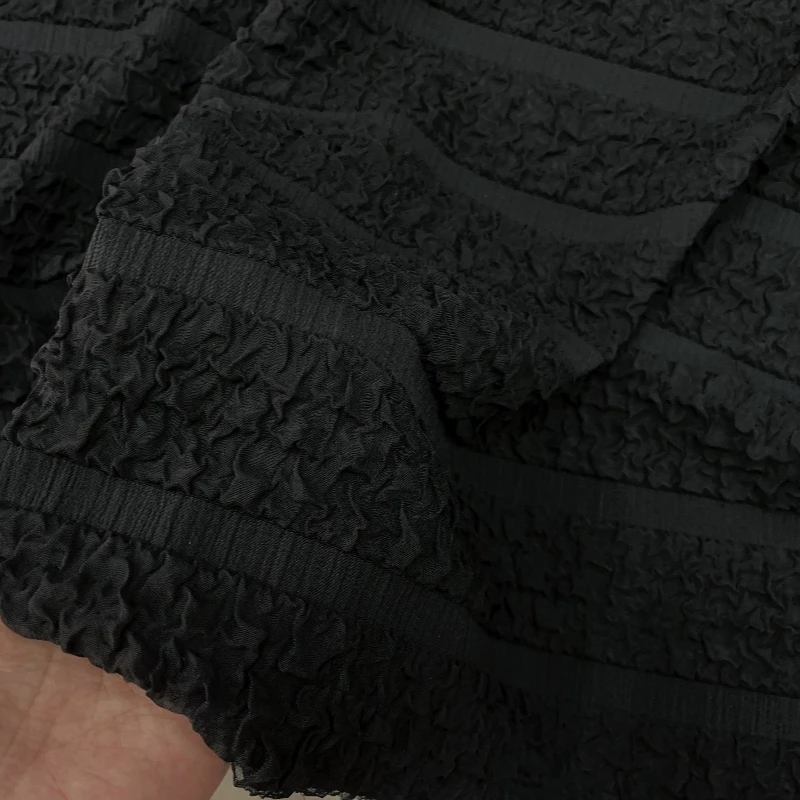 Black Horizontal Stripe Bubble Jacquard Fabric Slight Stretch Textured Crinkled for Spring Summer Dress Set Sewing Accessories