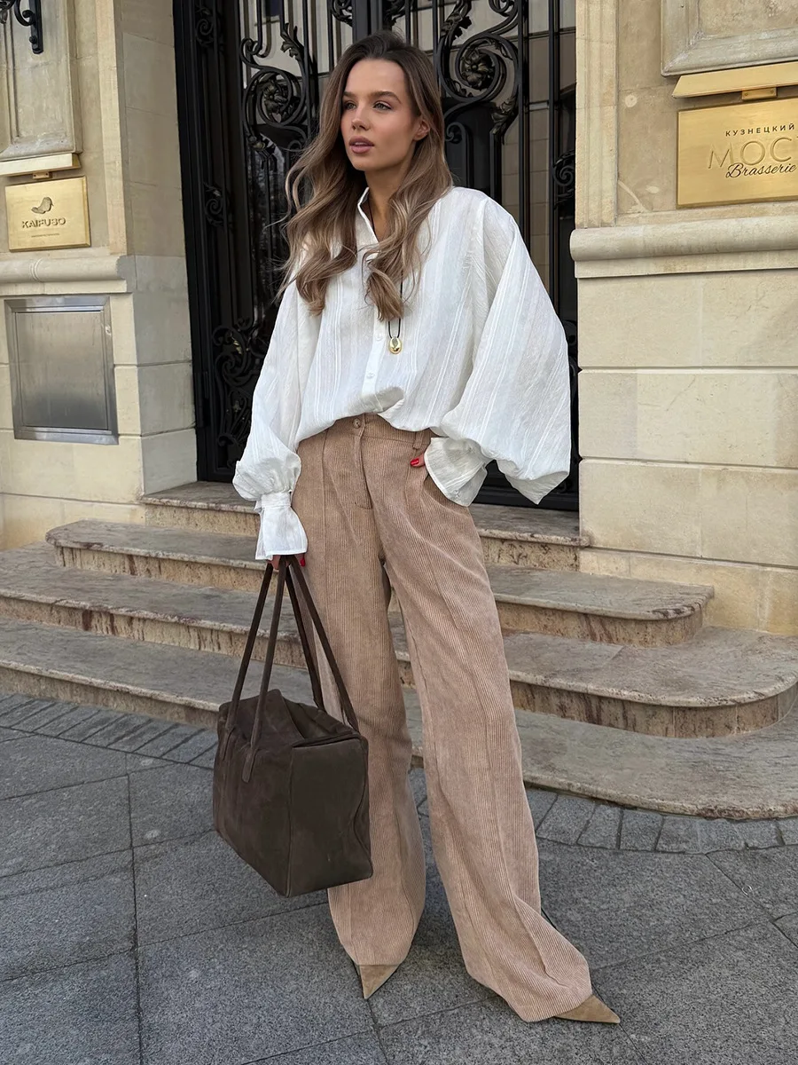 Blubelle القطن المرأة الجديدة الرجعية واسعة الساق السراويل فضفاضة تناسب سروال قصير عالية الخصر العصرية الخريف الشتاء موضة بنطلون