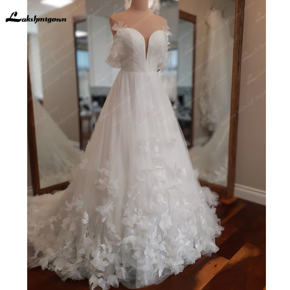 Lakshmigown Sweetheart Neckline Lace Flowers Off Shoulder Wedding Dress with Cap Short Sleeve Wedding Gown vestidos de noche