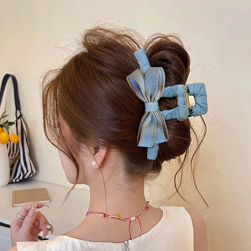 

1pc Korean New Fashion Blue Denim Bow Transparent Gray Hair Clip Shark Clip Hair Accessories Summer