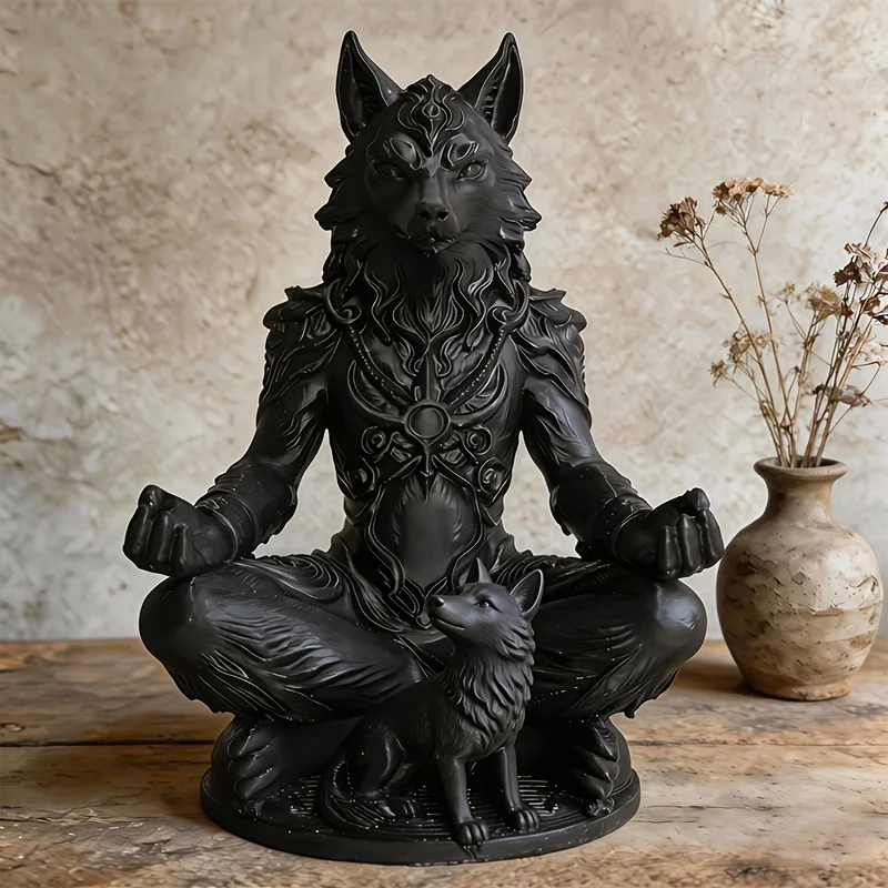 Estátua Gótica de Lobisomem e Filhote em Meditação - Totem de Lobo de Fantasia Sombria para Prateleira, Decoração Zen Assustadora e Presente Colecionável