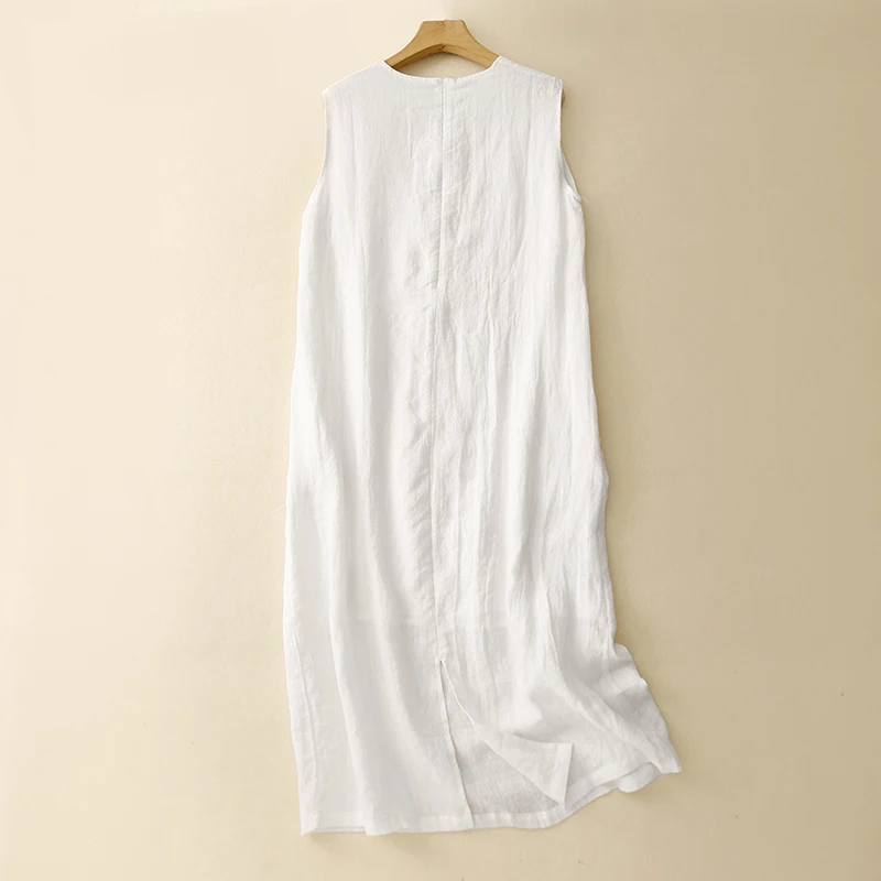 Cotton Linen Solid Color Round Neck Sleeveless Undershirt Dress Female Summer New Literary Simple Temperament Casual Long Skirt