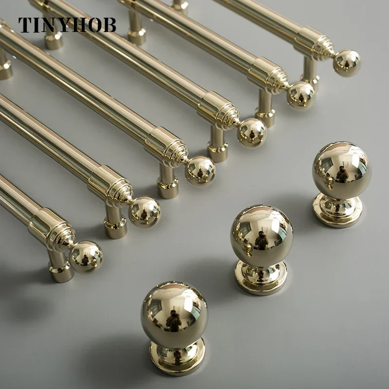Tinyhob Solid  Brass Handle Light Luxury Cabinet Door Handle Ball Knob Shiny Gold Drawer Handle Furniture Hardware 160mm