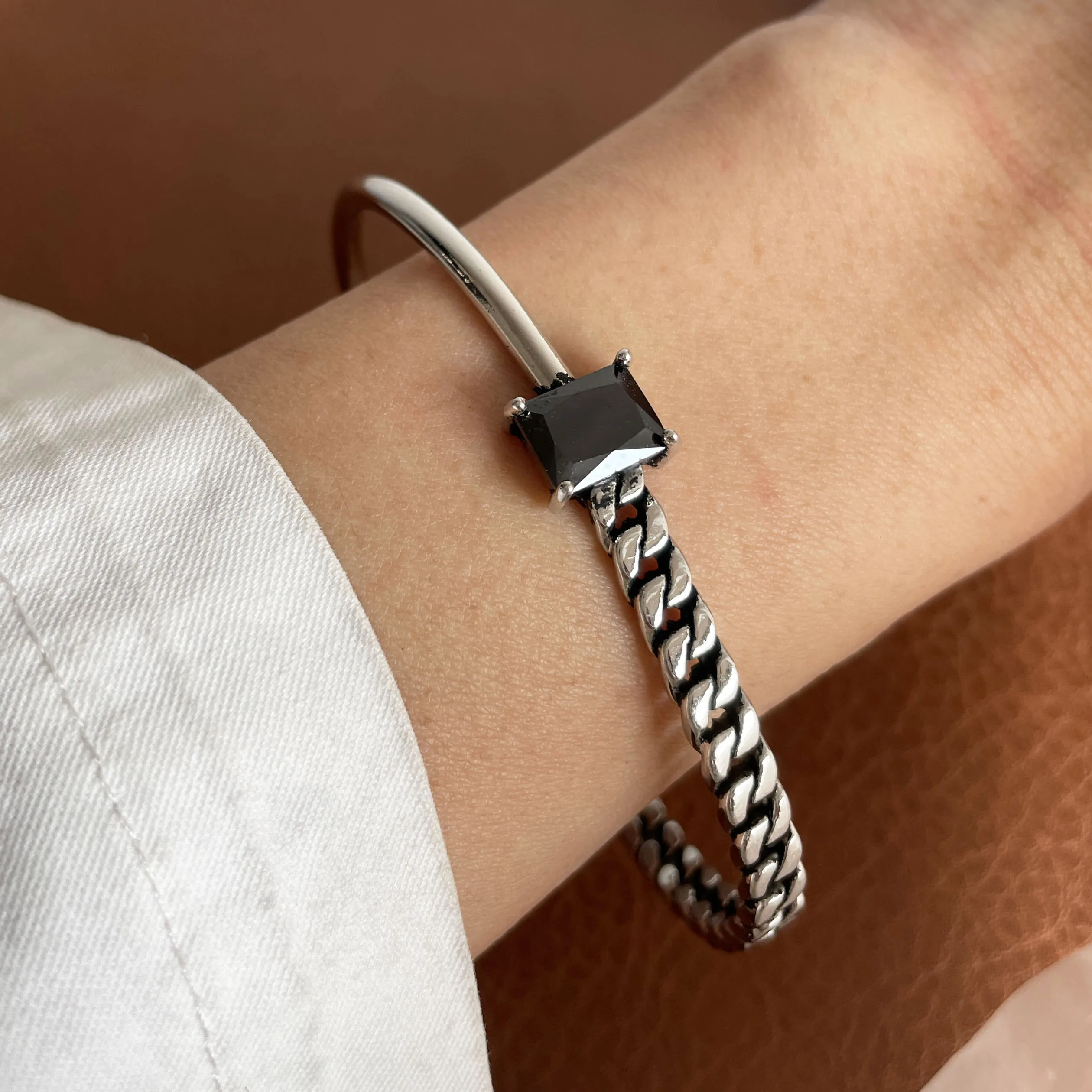 100% Solid 925 Sterling Silver Metal Bracelet for Women Vintage Handmade Simple Retro Black Stone Bracelet Birthday Gift Party image 3