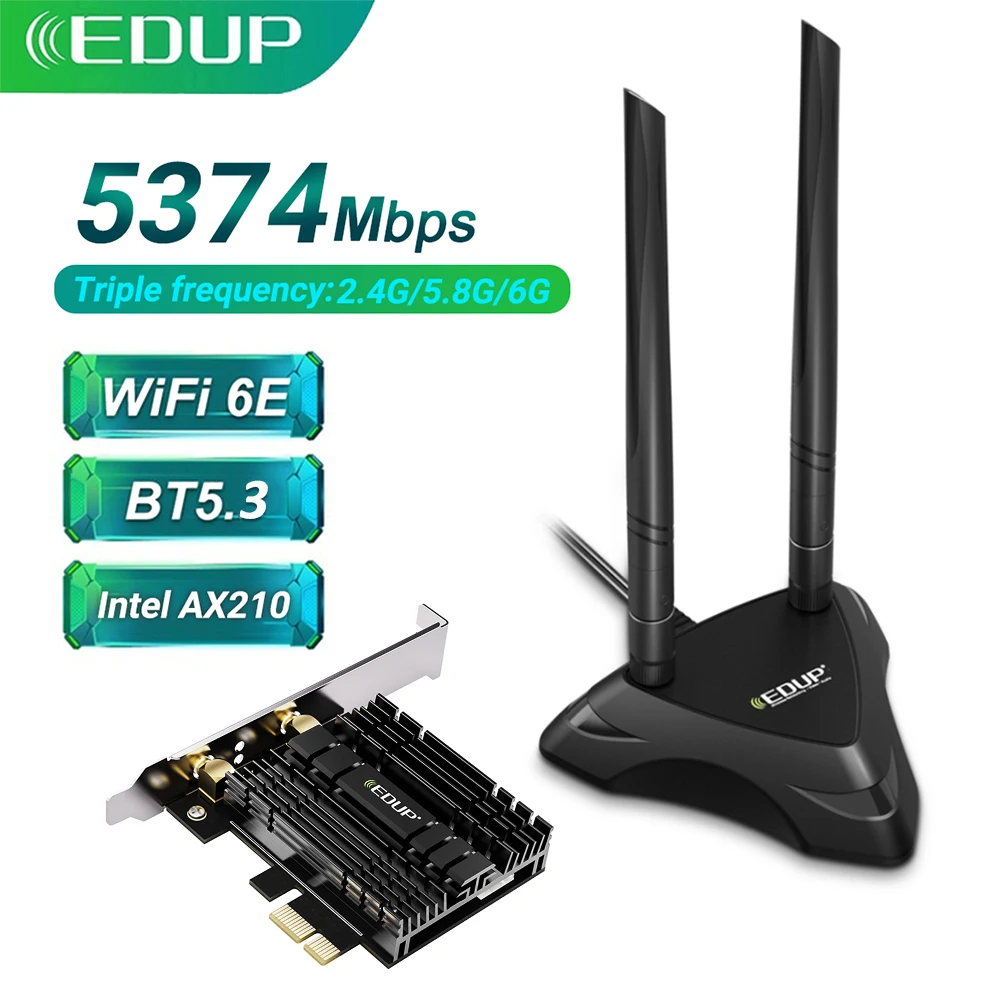 EDUP 5374Mbps PCI Express Network Card WiFi6E Intel AX210 Wireless Wifi Adapter BT 5.3 802.11ac/AX 2.4G/5G/6GHz PCIe Wifi Card