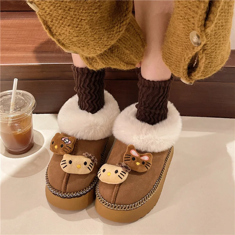 Kawaii Hello Kitty Plush Thick Soled Warm Snow Boots For Women'S Winter New Style Plush Warm And Comfortable Cotton Shoe Gift