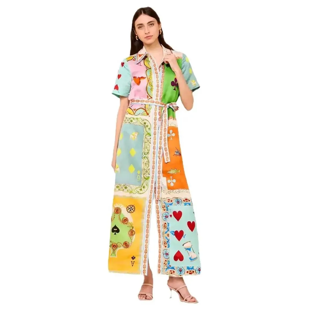 New 2025 Women's Linen Short Sleeve Casual Belted Open Cardigan Dress Loose Fit Comfortable Style Cross-Border Fashion Dress