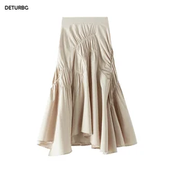 Elegante Geplooide Lange Rok Voor Slanke Vrouwen Casual Hoge Taille Effen Kleur Asymmetrische Zwarte Uitlopende Rokken 2024 Lente Saias Sk505