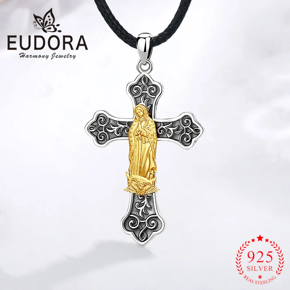 

Eudora 925 Sterling Silver Virgin Mary Necklace for Men Woman Mother of God Cross Pendant Religion Jewelry Mother's Day Gift