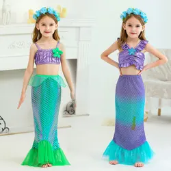 Disney Summe 3 Pieces Mermaid Clothing Set Girls Baby Purple Princess Dress Role Play Dress Up Beach Outfit Swimmable Bikini